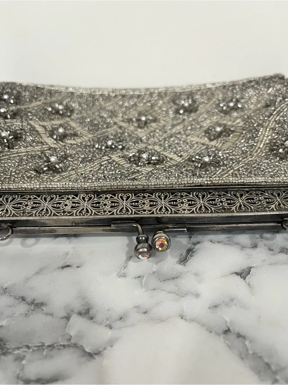 Vintage silver beaded evening clutch ornate filigree metal kissing lock clasp